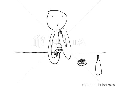 ナッツを食べてお酒を飲む人のモノクロ手描き線画 141947070