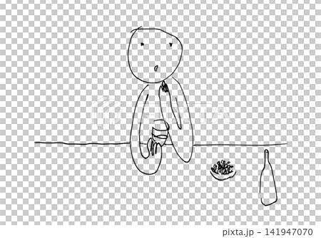 ナッツを食べてお酒を飲む人のモノクロ手描き線画 141947070