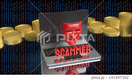 Online Scammer Hiding Behind Digital Mask and Laptop 3d render. Online Scammer Hiding Behind Digital Mask and Laptop 3d render. 141947102