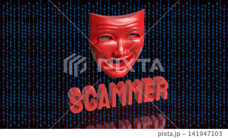 Digital Scammer Mask Hidden Inside Binary Code 3d render. Digital Scammer Mask Hidden Inside Binary Code 3d render. 141947103