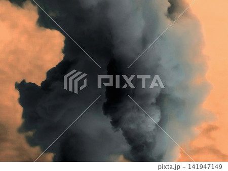 Smoke black dark industrial plant industry environmental pollution dark orange sunset sky 141947149