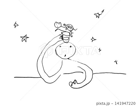 星月夜に猫と亀と晩酌する人のモノクロ手描き線画 星月夜に猫と亀と晩酌する人のモノクロ手描き線画 141947220