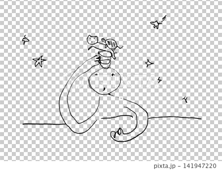星月夜に猫と亀と晩酌する人のモノクロ手描き線画 星月夜に猫と亀と晩酌する人のモノクロ手描き線画 141947220