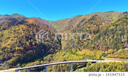 錦秋の山肌と谷間を渡る美しい橋│北海道空撮 錦秋の山肌と谷間を渡る美しい橋│北海道空撮 141947315