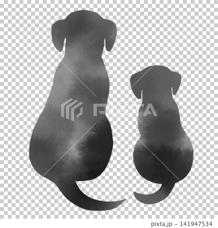 A watercolor silhouette illustration of the backs of two mother and puppies (monochrome material). 141947534
