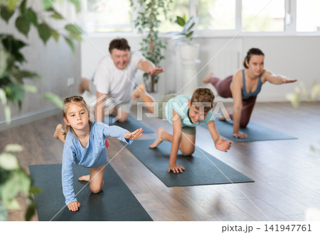 Family with two children doing yoga in studio Family with two children doing yoga in studio 141947761