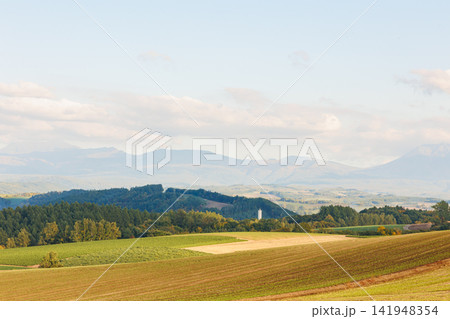 美瑛の丘と十勝連峰(秋の北海道) 美瑛の丘と十勝連峰(秋の北海道) 141948354