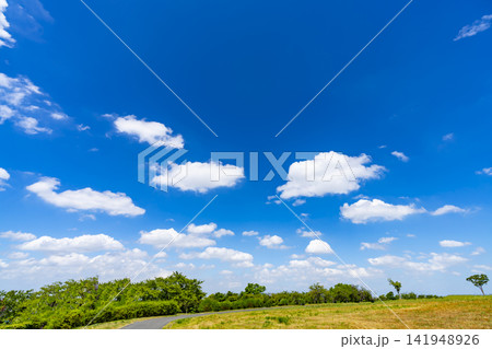 夏の青空と雲と草原 夏の青空と雲と草原 141948926