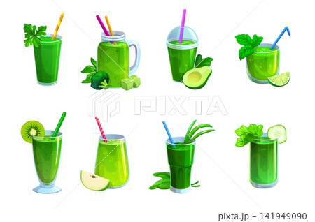 Healthy green smoothie drinks set in glass cups with fruits and vegetables as kiwi, apple and avocado, lime, broccoli and cucumber, spinach and herbs. Vector detox smoothie with straw for health 141949090