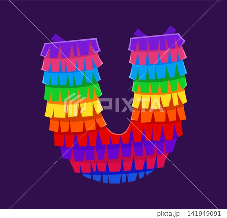 Mexican party pinata font U letter, rainbow English alphabet cartoon type, ABC typeface. Mexico carnival rainbow English typeset, Mexican holiday vector font type. Birthday pinata alphabet letter 141949091