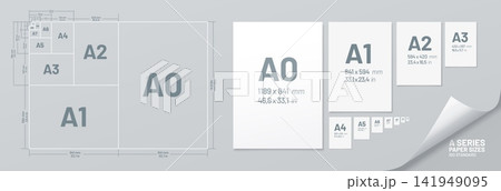 Office paper size format, sheet standards poster with international A series paper sizes comparison chart. Rectangular print pages format with measurement scale mock up, office and school stationery Office paper size format, sheet standards poster with international A series paper sizes comparison chart. Rectangular print pages format with measurement scale mock up, office and school stationery 141949095