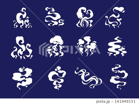 Cartoon smoke effects set. Steams of coffee and tea drinks, food flavor aroma or smell, vector comics clouds. Isolated cartoon effects of air motion trails, white fume, smoke and gas clouds 141949151
