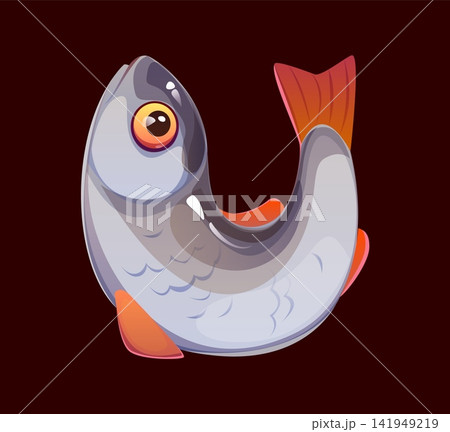 Camping font, travel live fish U letter typeface, hiking ABC English type alphabet. Trekking cartoon vector alphabet letter, travel typeface. Camping font type with river trout or jumping salmon fish 141949219