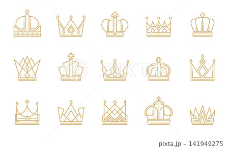 King queen and princess crown line icons. Monarchy, power and prestige heraldic elements. Vector golden queen and king accessories with diamonds and gems. Gold symbol of power King queen and princess crown line icons. Monarchy, power and prestige heraldic elements. Vector golden queen and king accessories with diamonds and gems. Gold symbol of power 141949275