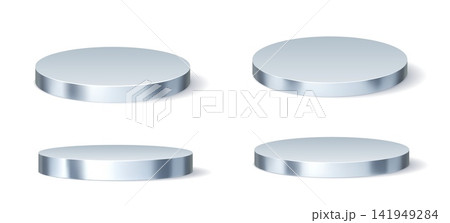 3d round silver chrome or steel metal podium stage pedestals. Product display platforms or award stands with realistic 3d silver metal cylinder base. Shiny steel presentation podium pedestals set 3d round silver chrome or steel metal podium stage pedestals. Product display platforms or award stands with realistic 3d silver metal cylinder base. Shiny steel presentation podium pedestals set 141949284