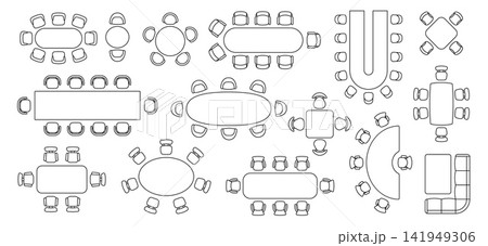 Conference meeting and restaurant vector seat plan with table, chairs and armchairs. Top view floorplan layout of conference tables, dining settings and collaborative zones. Coworking, event planning Conference meeting and restaurant vector seat plan with table, chairs and armchairs. Top view floorplan layout of conference tables, dining settings and collaborative zones. Coworking, event planning 141949306