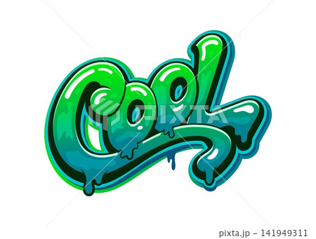 Cool street art graffiti, urban wall painting typography. Ghetto paint spray, urban airbrush cool drawing vector typography. Street cool graffiti tag lettering or text with green slime glossy letters 141949311
