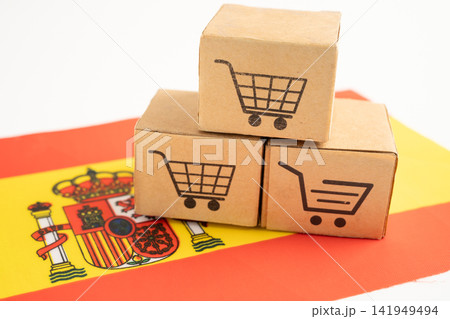 Box with shopping online cart logo and Spain flag, 141949494