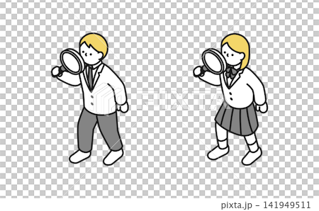 Isometric illustration: High school student set using a magnifying glass (winter uniform, front view) Isometric illustration: High school student set using a magnifying glass (winter uniform, front view) 141949511
