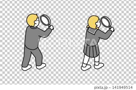 Isometric illustration: Middle school students using a magnifying glass (winter uniform, back view) Isometric illustration: Middle school students using a magnifying glass (winter uniform, back view) 141949514