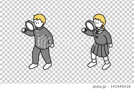 Isometric illustration: Middle school student using a magnifying glass (winter uniform, front view) Isometric illustration: Middle school student using a magnifying glass (winter uniform, front view) 141949516