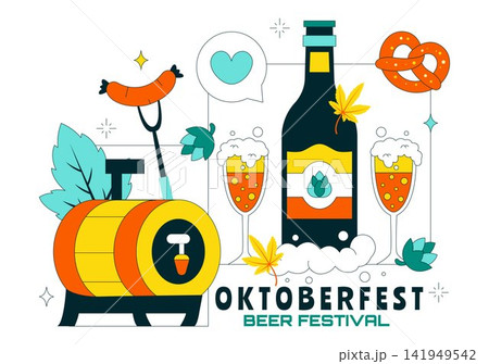 Oktoberfest Vector Illustration Featuring Beer Mugs, Pretzels, Sausages, Cheese, Alpine Hat, and Traditional Bavarian Celebration Design Oktoberfest Vector Illustration Featuring Beer Mugs, Pretzels, Sausages, Cheese, Alpine Hat, and Traditional Bavarian Celebration Design 141949542