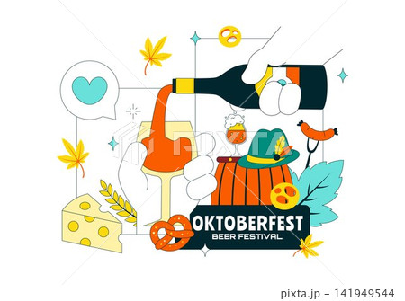 Oktoberfest Vector Illustration Featuring Beer Mugs, Pretzels, Sausages, Cheese, Alpine Hat, and Traditional Bavarian Celebration Design Oktoberfest Vector Illustration Featuring Beer Mugs, Pretzels, Sausages, Cheese, Alpine Hat, and Traditional Bavarian Celebration Design 141949544
