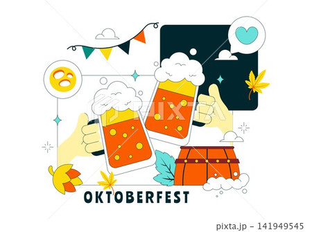 Oktoberfest Vector Illustration Featuring Beer Mugs, Pretzels, Sausages, Cheese, Alpine Hat, and Traditional Bavarian Celebration Design Oktoberfest Vector Illustration Featuring Beer Mugs, Pretzels, Sausages, Cheese, Alpine Hat, and Traditional Bavarian Celebration Design 141949545