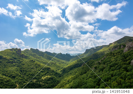 Scenic view of lush green mountain valley under blue sky Scenic view of lush green mountain valley under blue sky 141951048