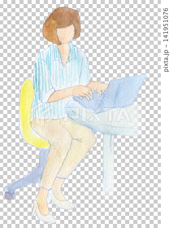 水彩插畫,手繪插畫:一位女士在辦公室使用電腦。 水彩插畫,手繪插畫:一位女士在辦公室使用電腦。 141951076