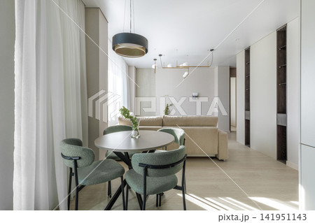Modern Open-Plan Apartment Interior with Dining and Living Zones Modern Open-Plan Apartment Interior with Dining and Living Zones 141951143