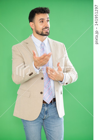 Adult man talking in front of green screen Adult man talking in front of green screen 141951297