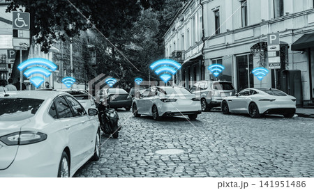 Surveillance system detects cars in a busy street with data signals above vehicles Surveillance system detects cars in a busy street with data signals above vehicles 141951486
