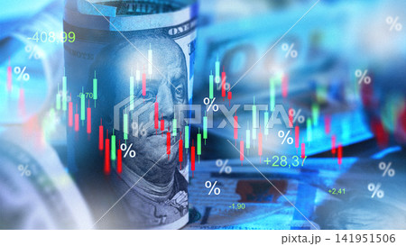Money chart shows changes in value with coins and banknotes on the table during recession Money chart shows changes in value with coins and banknotes on the table during recession 141951506