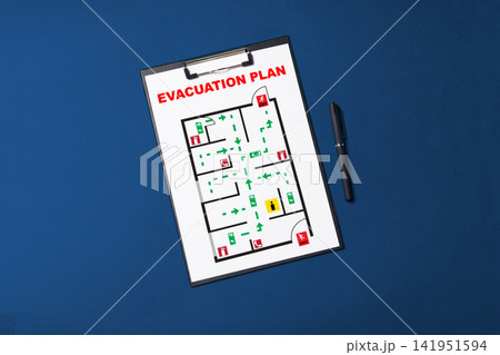 Emergency evacuation plan for a building with marked exits and routes for safe escape Emergency evacuation plan for a building with marked exits and routes for safe escape 141951594