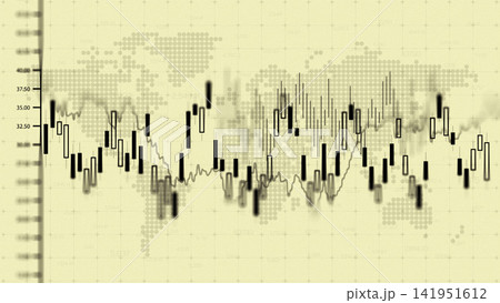 Chart showing stock exchange trading activity with world map background Chart showing stock exchange trading activity with world map background 141951612
