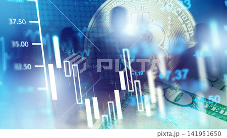 Stock market charts with cryptocurrency and dollar bills during trading hours 141951650