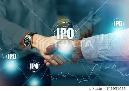Parties join hands to celebrate successful initial public offering process in a business setting Parties join hands to celebrate successful initial public offering process in a business setting 141951685