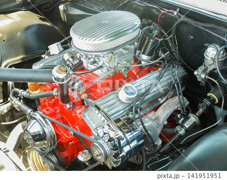 Polished custom V8 engine block with red paint at a classic car show in Ruston - June 13, 2026 Ruston WA, USA Polished custom V8 engine block with red paint at a classic car show in Ruston - June 13, 2026 Ruston WA, USA 141951951