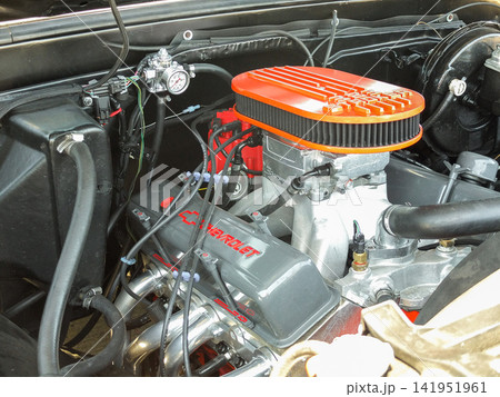 Close-up of a powerful polished Chevrolet V8 engine with orange air filter. - June 13, 2026 Ruston WA, USA Close-up of a powerful polished Chevrolet V8 engine with orange air filter. - June 13, 2026 Ruston WA, USA 141951961