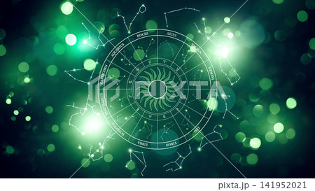 Astrology zodiac signs with constellations and symbols in a green background Astrology zodiac signs with constellations and symbols in a green background 141952021