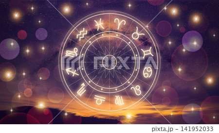 Astrology zodiac signs chart with starry background at sunset 141952033