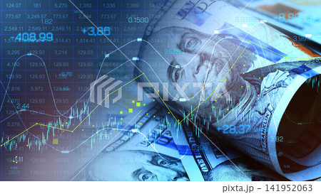 Money chart shows trends in finances during a recession with dollar bills in the background Money chart shows trends in finances during a recession with dollar bills in the background 141952063