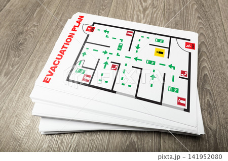 Emergency 911 evacuation plan showing routes and exits for quick escape in case of danger Emergency 911 evacuation plan showing routes and exits for quick escape in case of danger 141952080
