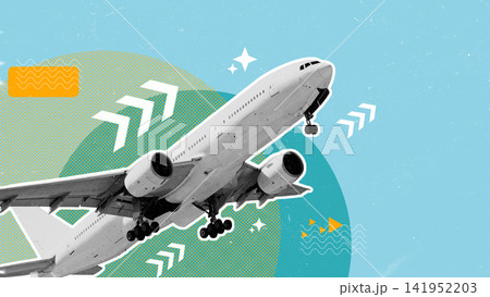 Taking off from the airport with a view of the sky and green shapes in the background Taking off from the airport with a view of the sky and green shapes in the background 141952203