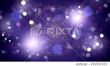 Astrology zodiac signs displayed in a circular design with bright lights in the background Astrology zodiac signs displayed in a circular design with bright lights in the background 141952323