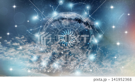 Astrology zodiac signs in a starry night sky with constellations and symbols 141952368