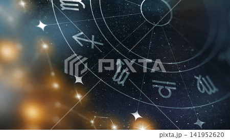 Astrology zodiac signs and constellations in night sky during a clear evening 141952620