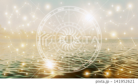 Astrology zodiac signs with constellations over the ocean at sunset 141952621