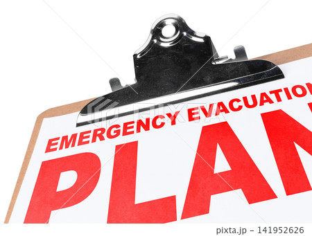 Emergency evacuation plan on clipboard for safety and preparedness Emergency evacuation plan on clipboard for safety and preparedness 141952626
